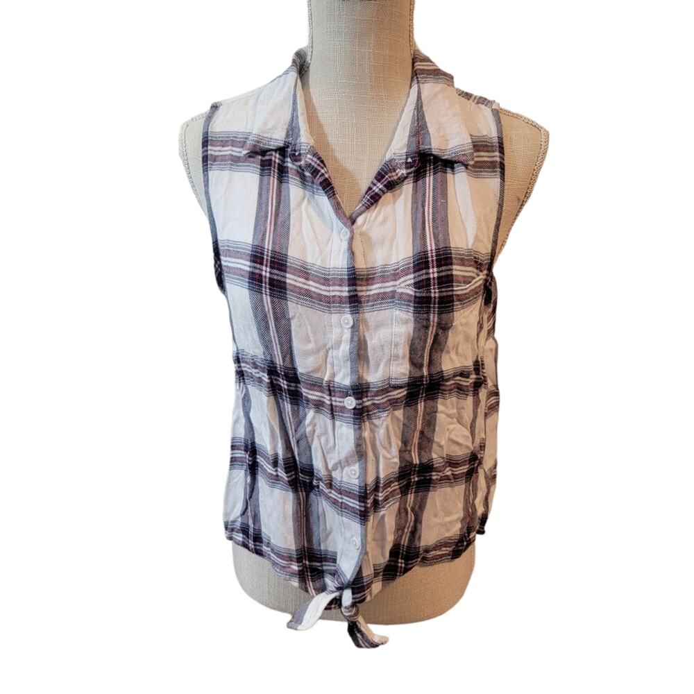 BeachLunchLounge Red/White/Blue Plaid Sleeveless Tie Front Button Up Top Size M